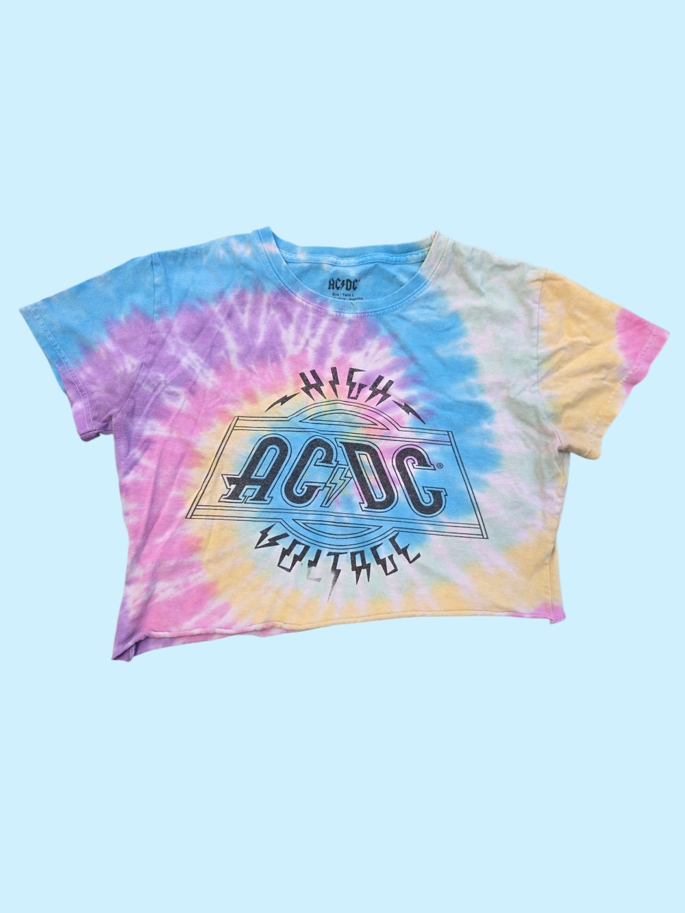 AC/DC Pastel Tie-Dye Cropped Tee - Blue Pink Yellow Tie Dye L